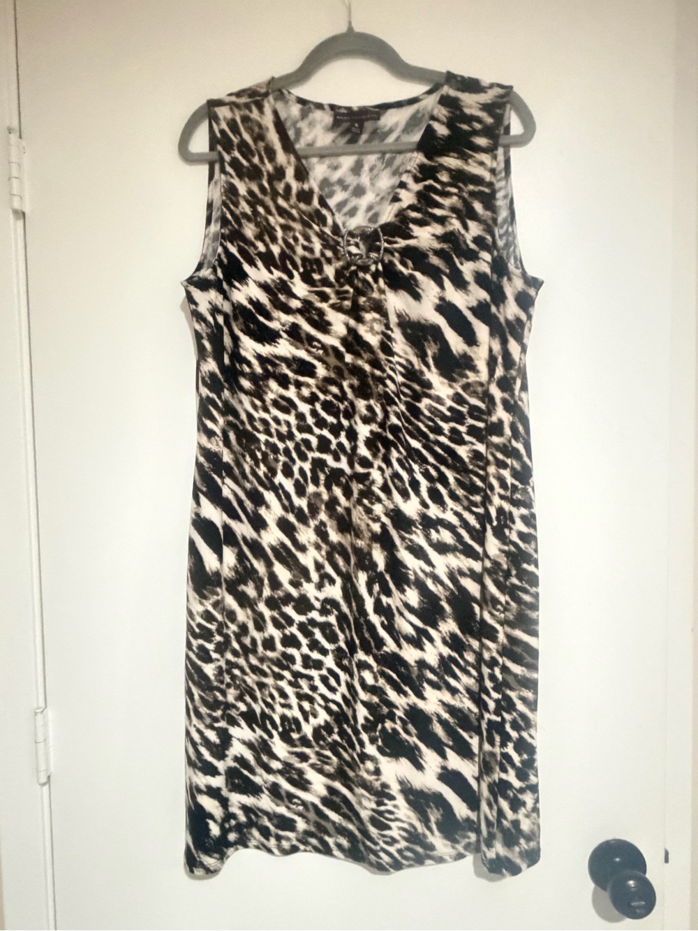 Dana Buchman Sleeveless Leopard-Print V-Neck Dress in Black & Cream